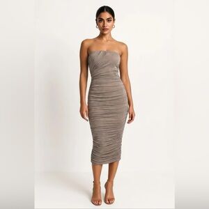JLUXLABEL Strapless Ruched Midi Dress in Taupe